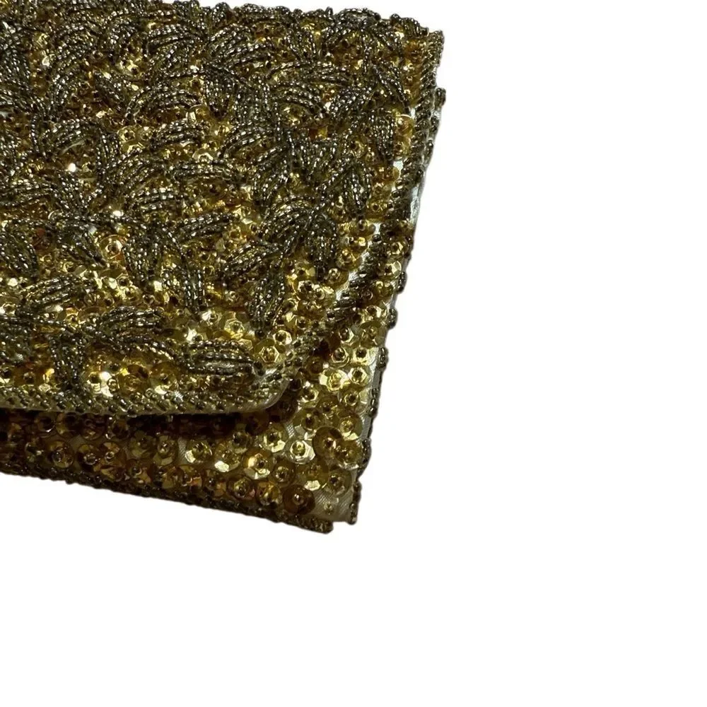 50s 60s Vintage La Regale Gold Beaded Sequin Satin Clutch